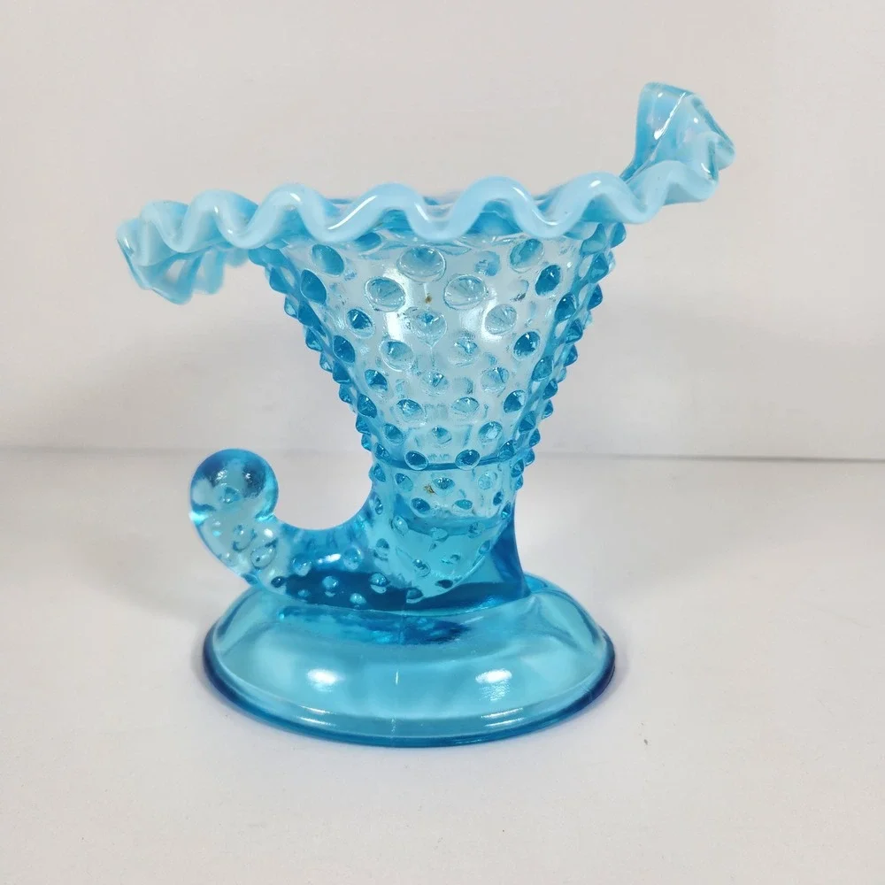 Fenton Blue Opalescent Hobnail Cornucopia Candle Holder Ruffled Rim Vase